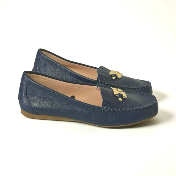 Kate Spade Shoes - Kate Spade Women’s Carmen Navy Blue Leather Slip On Drive Loafer Gold Logo 7.5 M
